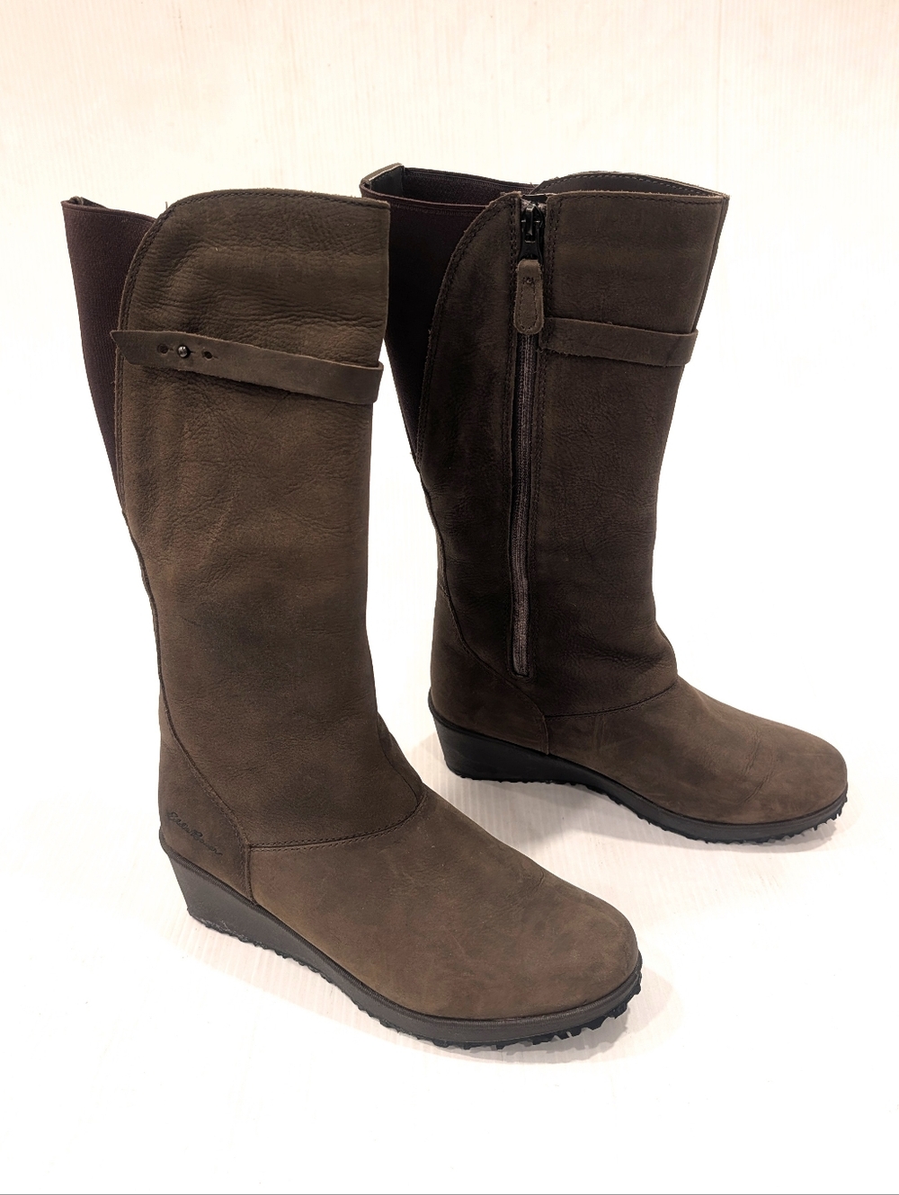 EDDIE BAUER Women's Dark Brown Leather Side-Zip Wedge Knee High Boots Size 9